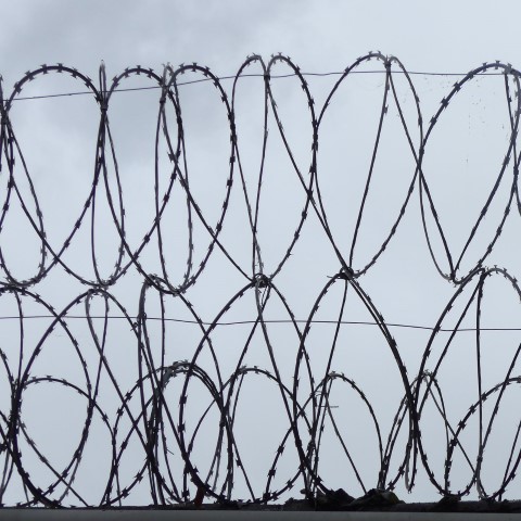 d00014: semi-abstract photo (razor wire barrier on top of a wall) by Ewart Shaw