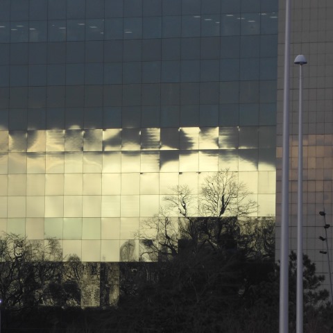 d10225: semi-abstract photo (reflections in building near Coventry station at dusk) by Ewart Shaw