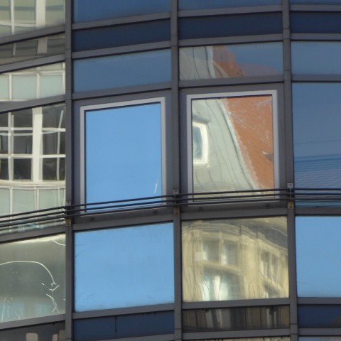 d10399: semi-abstract photo (reflections in windows of Berlin building) by Ewart Shaw