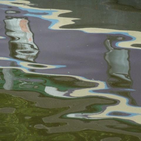 t00515: semi-abstract photo (reflection of houseboat in canal) by Ewart Shaw